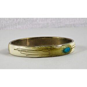 Vintage Peacock Bangel 3" x 3/8" Brass Enamel Bracelet Boho Feathers